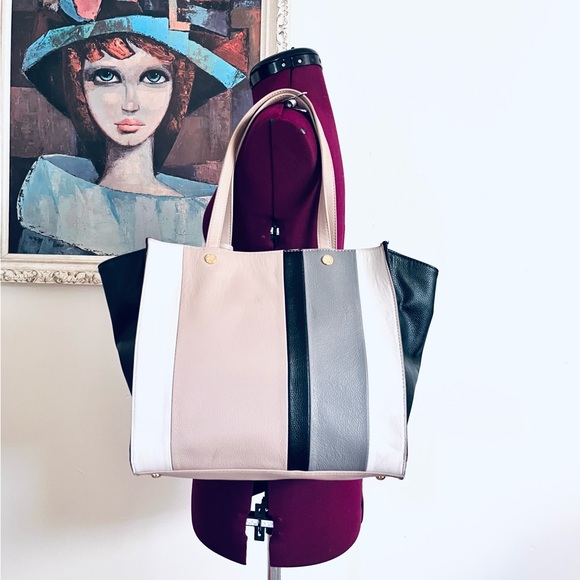 Colorblock Leather Satchel Shoulder Bag by Emma Fox - Picture 3 of 8